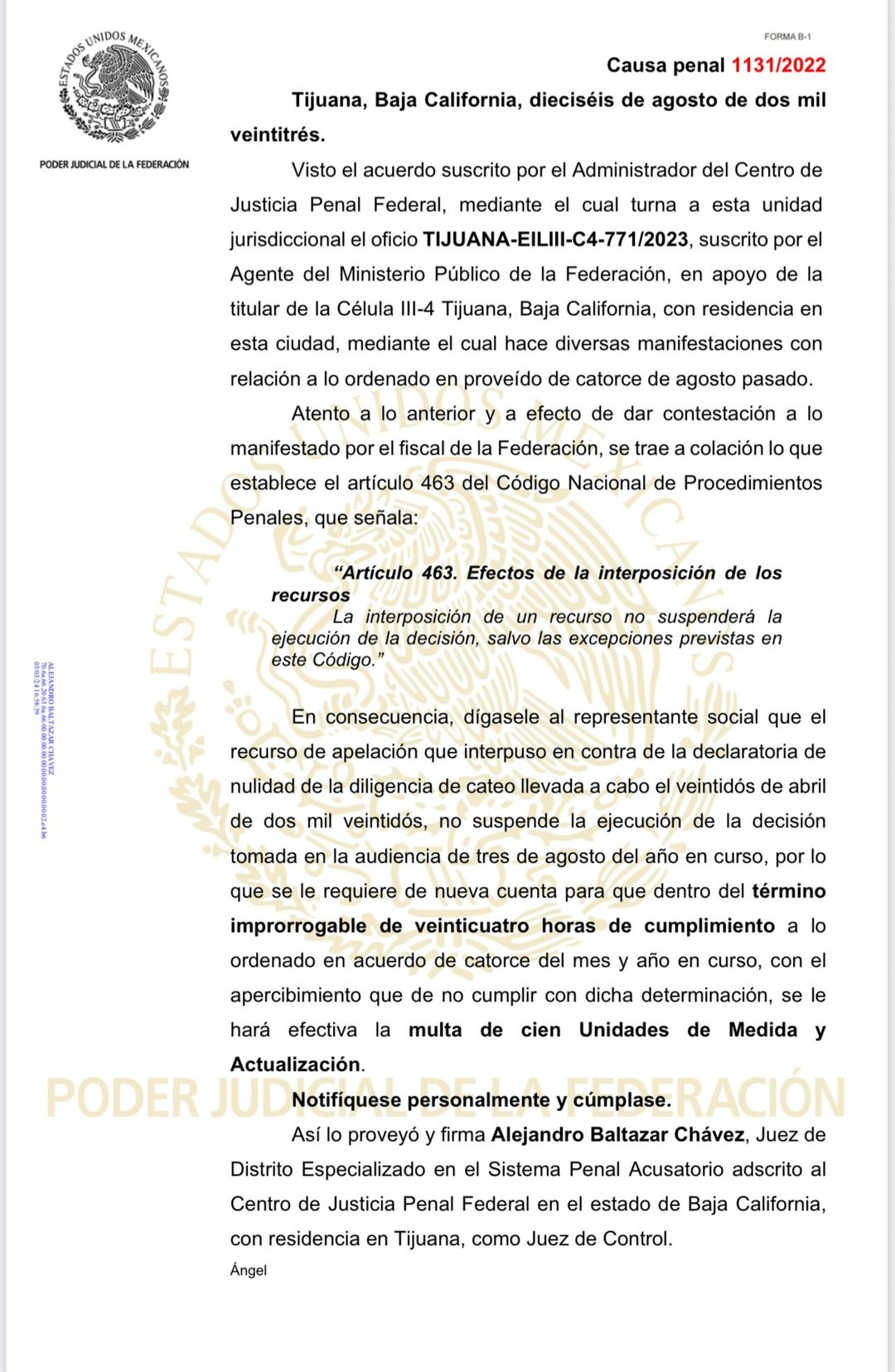 RESPUESTA DEL JUEZ A LA PROMOCIÓN DE DESACATO SERÍA EL SEGUNDO AVISO ORDENANDO AL MP LIBERACIÓN INMEDIATA FOTO ESPECIAL