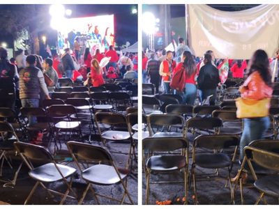 Sillas vacías en el festejo de Alejandra del Moral tras el debate con Delfina Gómez (Video)