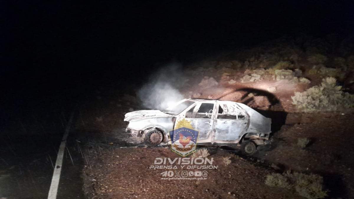El Renault 19 totalmente calcinado en la ruta 17. Fuente: (Policía de Neuquén)