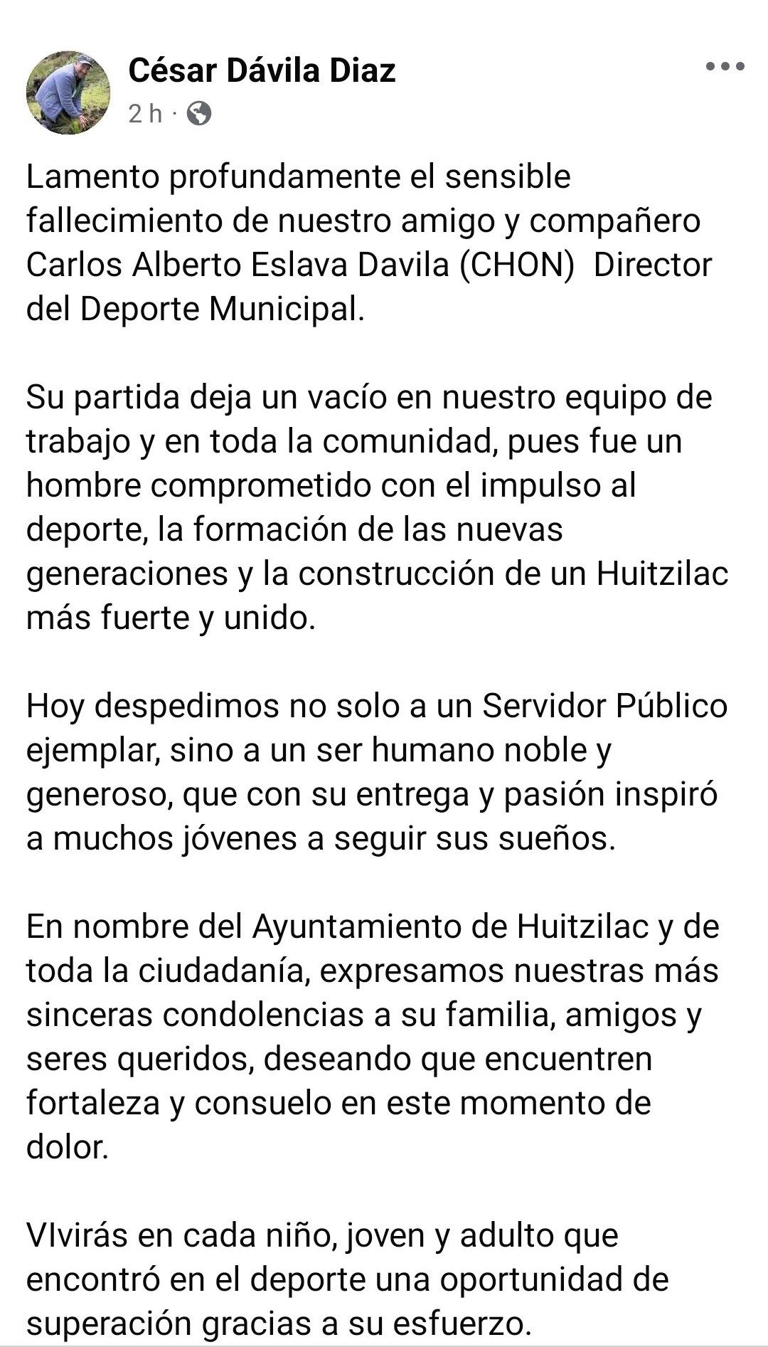 Lamentan fallecimiento del Chon 2