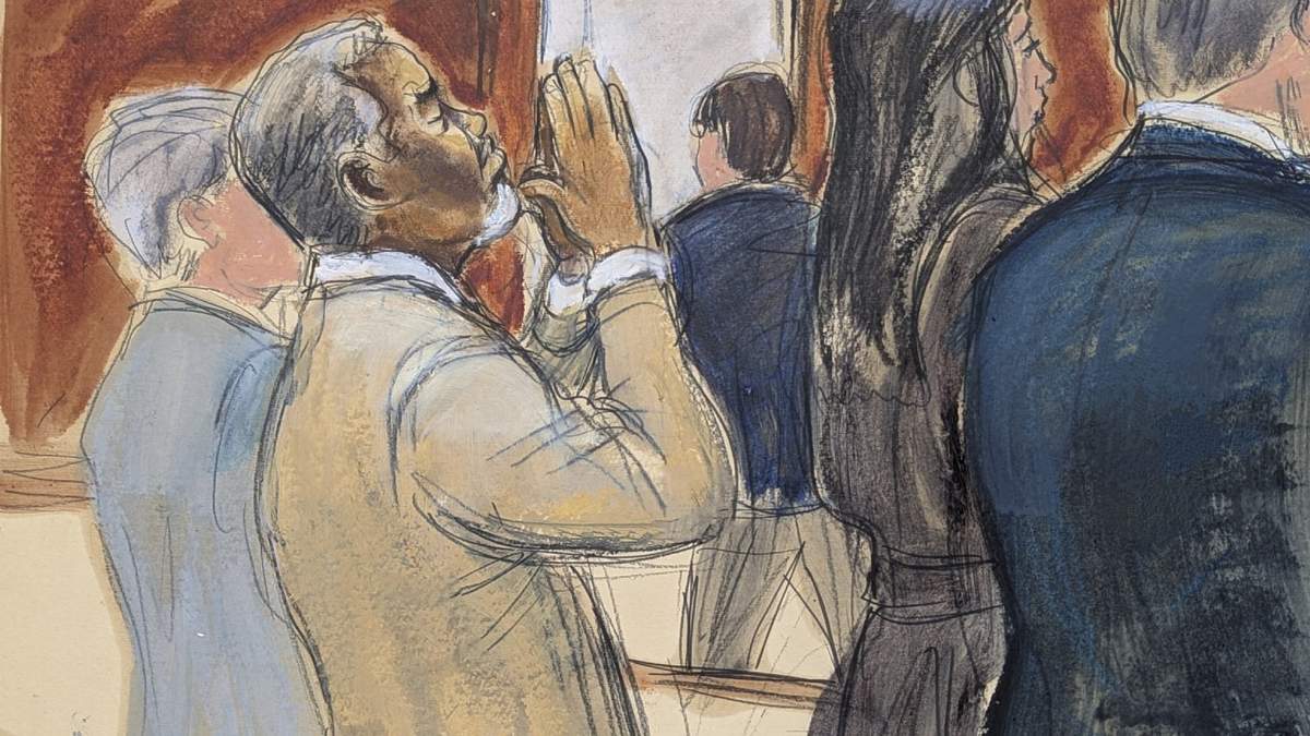 En este dibujo judicial, Sean "Diddy" Combs reacciona después de ser declarado culpable de delitos relacionados con prostitución