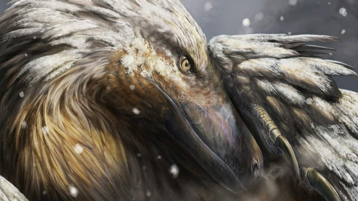Ilustración de un dromeosaurio incubando sus huevos mientras cae la nieve