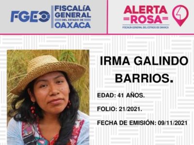 Emiten alerta rosa por desaparición de la ambientalista oaxaqueña Irma Galindo