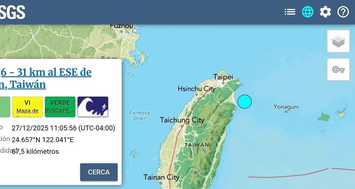 Se registra sismo de magnitud 7.0 al sur de Taipéi, Taiwán