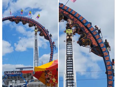 Montaña rusa falla y deja a ocho personas atoradas boca abajo (Videos)