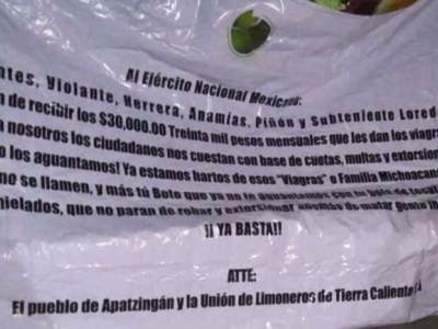 En mantas, limoneros se quejan con el Ejército por cobro de cuotas del crimen en Michoacán
