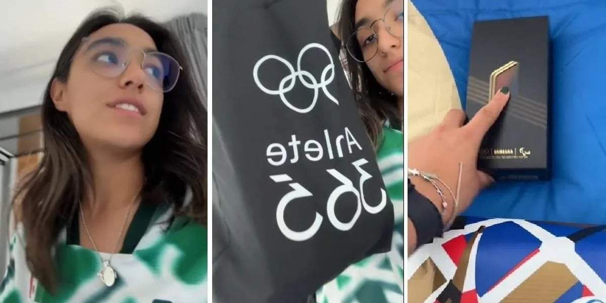 La arquera Ana Paula Vázquez muestra el kit de bienvenida para los atletas en la Villa Olímpica