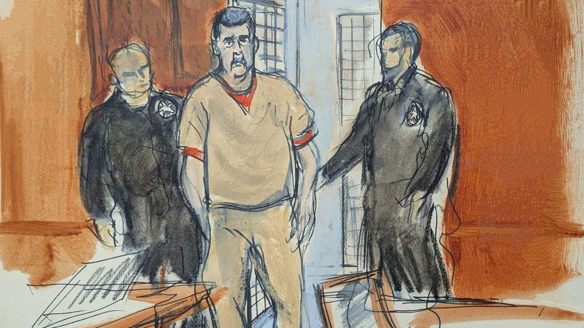 Bosquejo de un artista que muestra al expresidente venezolano Nicolás Maduro en un tribunal, el jueves 26 de marzo de 2026, en Nueva York