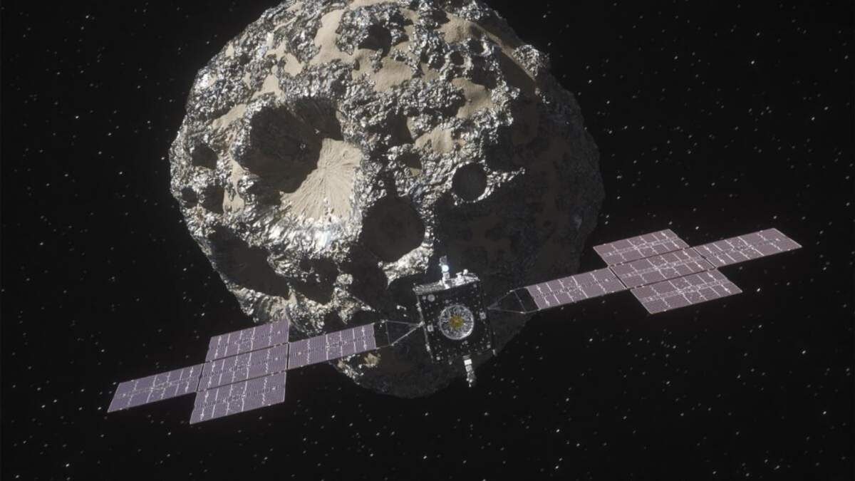 Esta imagen de un video de animación distribuido por NASA en octubre de 2023 muestra la nave espacial Psyche en aproximación al asteroide Psyche