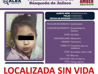 Niña de tres años desaparecida en Jalisco es hallada sin vida en una cubeta