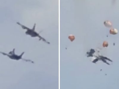 Chocan aviones militares durante espectáculo aéreo en EU; tripulantes logran eyectarse (Video)