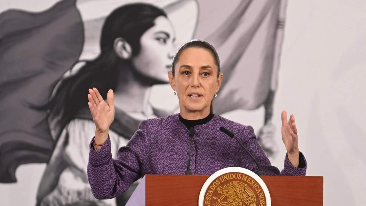 La presidenta Claudia Sheinbaum en la conferencia de prensa en la Palacio Nacional, el miércoles 8 de abril de 2025