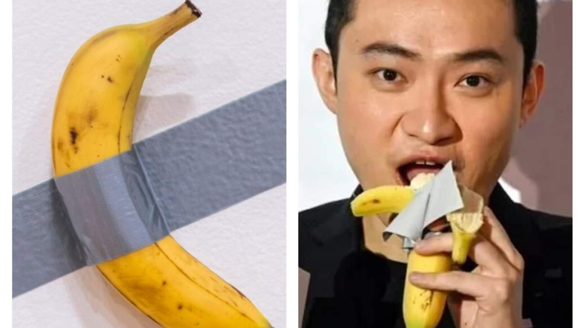 El chino Justin Sun despegó la cinta adhesiva y disfrutó de la banana en una conferencia de prensa
