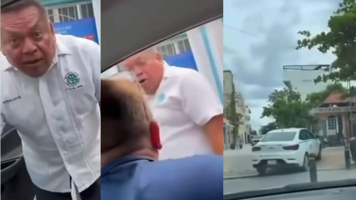 Turista extranjero interviene en un altercado entre taxistas y chofer de aplicación en Playa del Carmen.