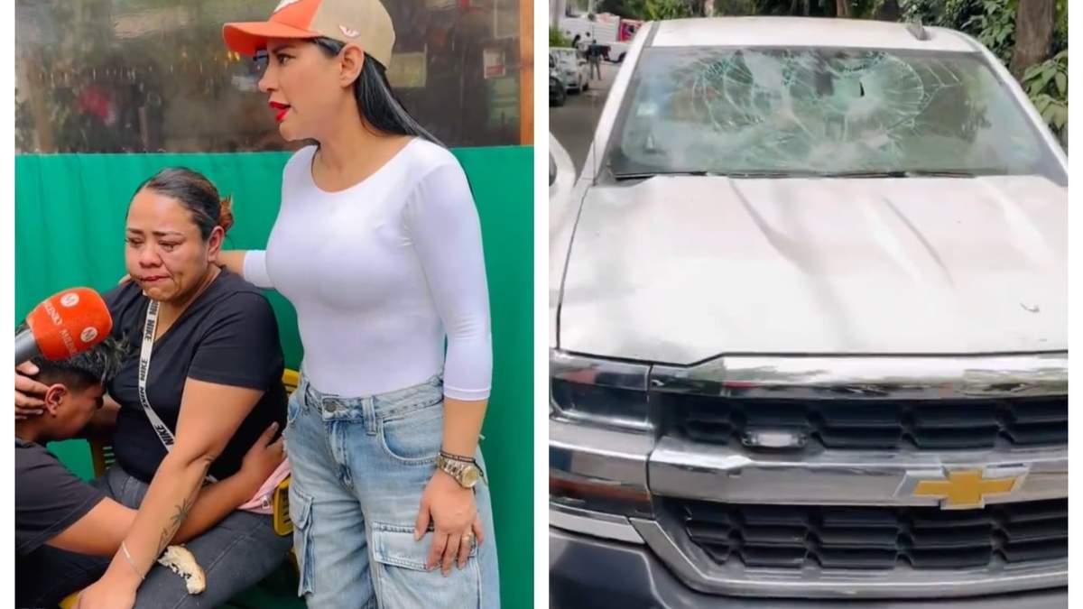 Sandra Cuevas con las víctimas y la camioneta dañada