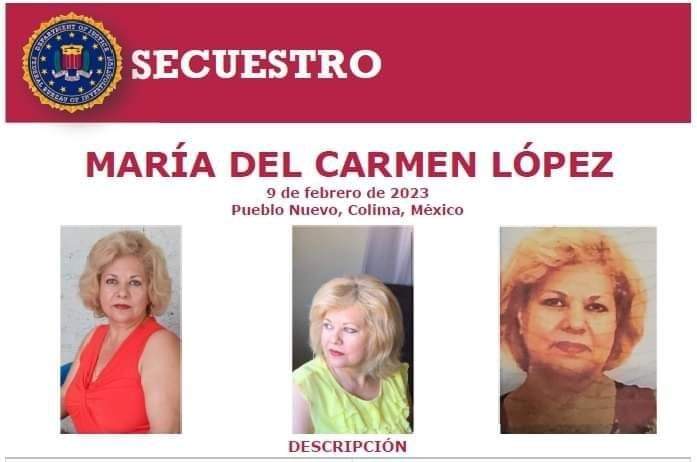 Ficha de búsqueda de María del Carmen López emitida por el Departamento de Justicia de Estados Unidos