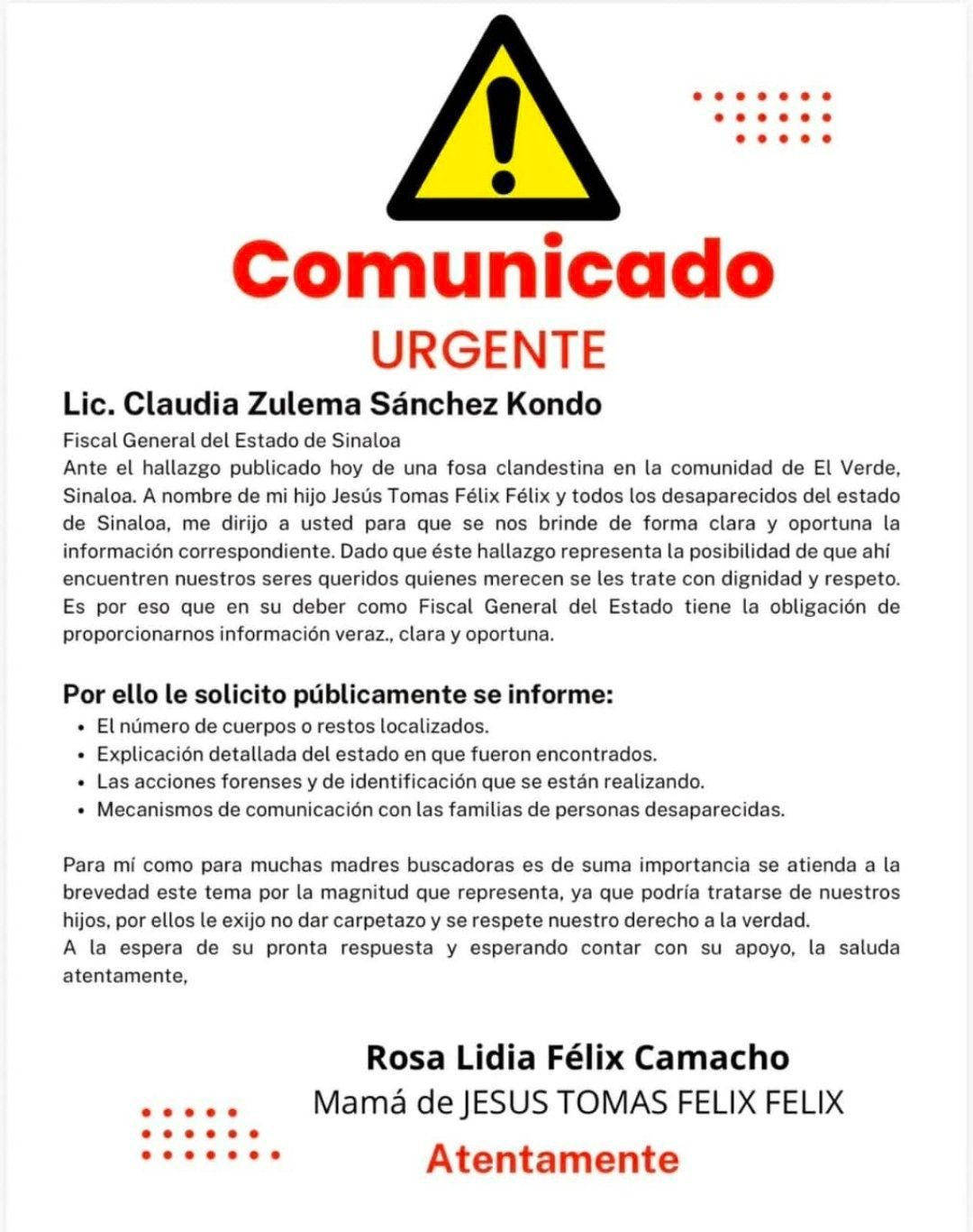 Comunicado a Sánchez Kondo. Foto Especial