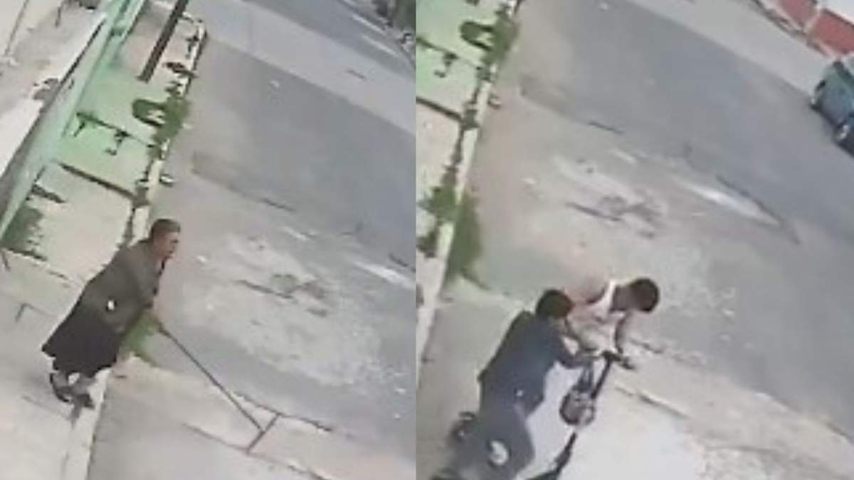 Una cámara de seguridad captó el instante en que un intento de asalto a un menor fue frustrado por la intervención de su abuela en una calle de Chalco.