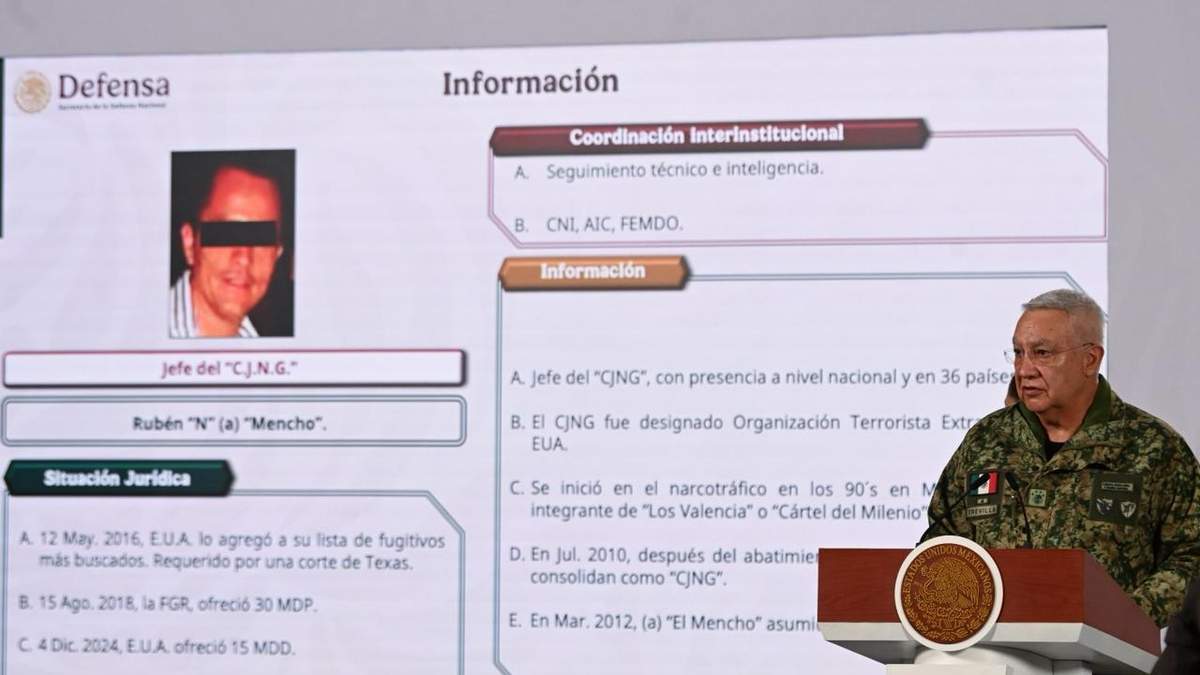 Ficha de la detención de "El Mencho" presentada por el secretario de la Defensa, Ricardo Trevilla, en la conferencia mañanera