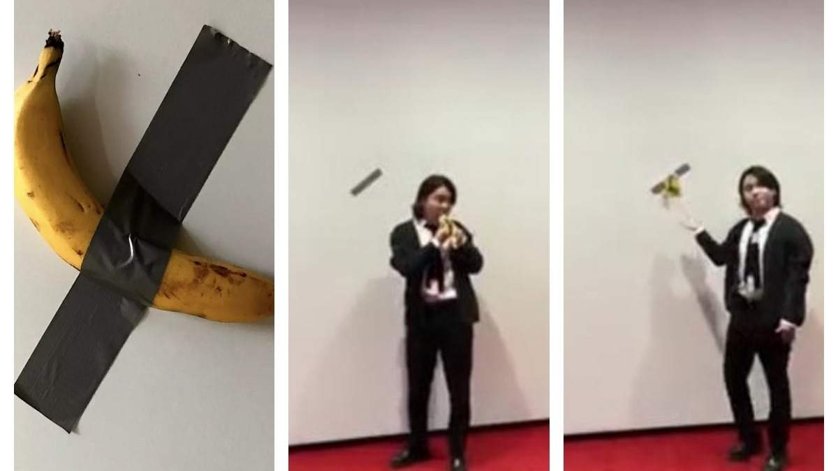 Estudiante se come la banana de la obra "Comediante", de Maurizio Cattelan