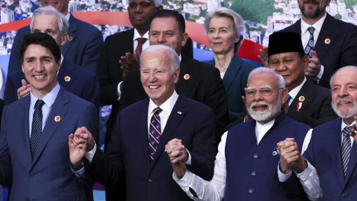 El presidente estadounidense Joe Biden, el primer ministro indio Narendra Modi y el primer ministro canadiense Justin Trudeau en la cumbre del G20 en Río de Janeiro, Brasil