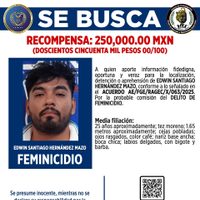 Fiscalía de Tabasco ofrece recompensa de 250 mil pesos por presunto feminicida