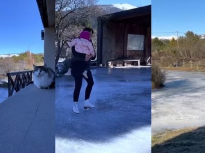 Por el extremo frío se congeló una laguna de Villa Quilquihue y la convirtieron en pista de patinaje