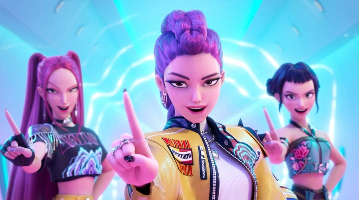 Esta imagen publicada por Netflix muestra a los personajes, de izquierda a derecha, Mira, Rumi, Zoey en una escena de "KPop Demon Hunters"