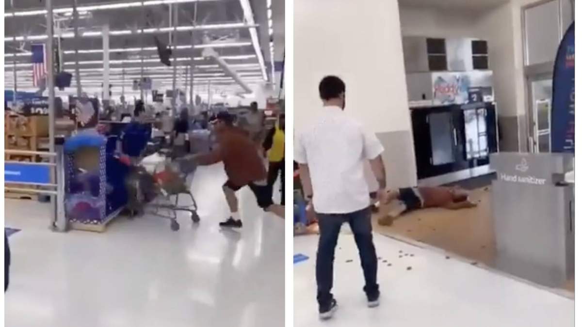 El momento de la agresión al empleado. En la segunda imagen, el cliente noqueado