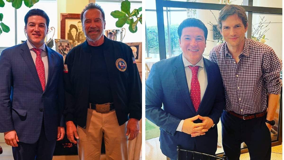 Samuel García aprovechó su estancia en California para fotografiarse con Schwarzenegger y con Ashton Kutcher