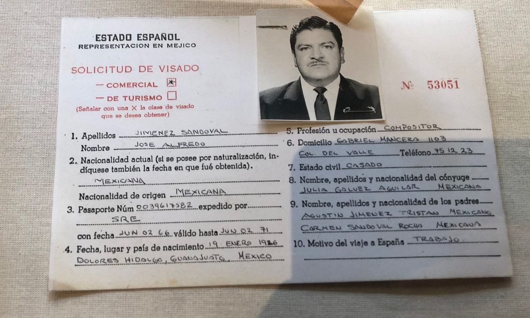 Solicitud de visa a España 1966Foto Colección Casa Museo José Alfredo Jiménez