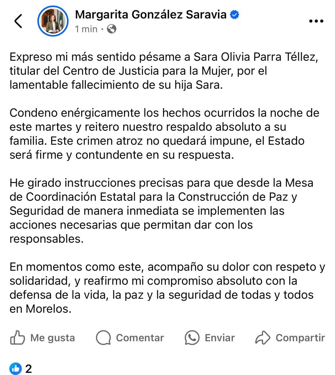 Pronunciamiento de la gobernadora Margarita González Saravia por el asesinato de Sara Parra Rendón