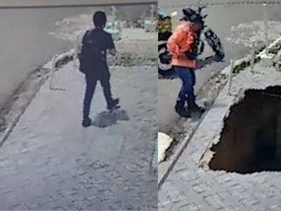 Se abre mega socavón a plena luz del día y “traga” a un estudiante (VIDEO)