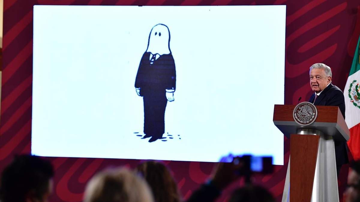 AMLO mostró el cartón del "tapado", realizado por el caricaturista Abel Quezada