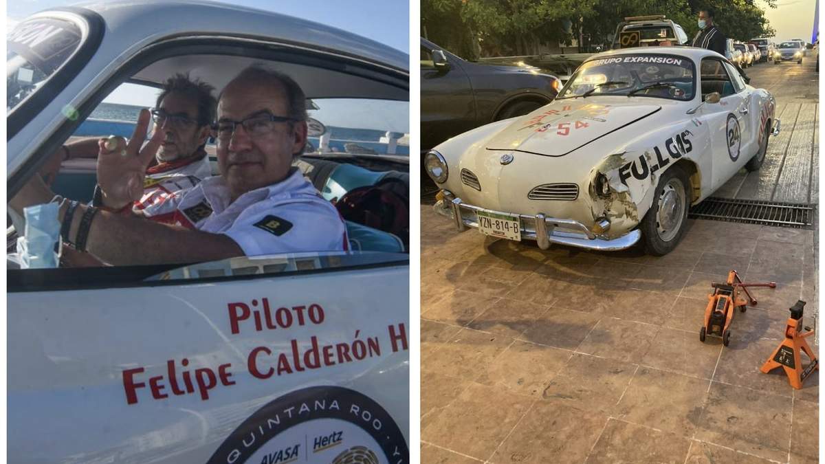 El expresidente y el auto chocado. En la segunda imagen ya no aparece su nombre en la puerta