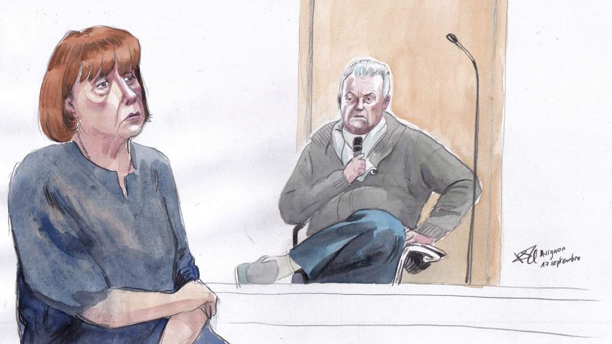ARCHIVO - Este boceto realizado en la corte por Valentin Pasquier muestra a Gisèle Pelicot, a la izquierda, y a su exmarido, Dominique Pelicot, a la derecha, durante su juicio en la corte en Aviñón, en el sur de Francia