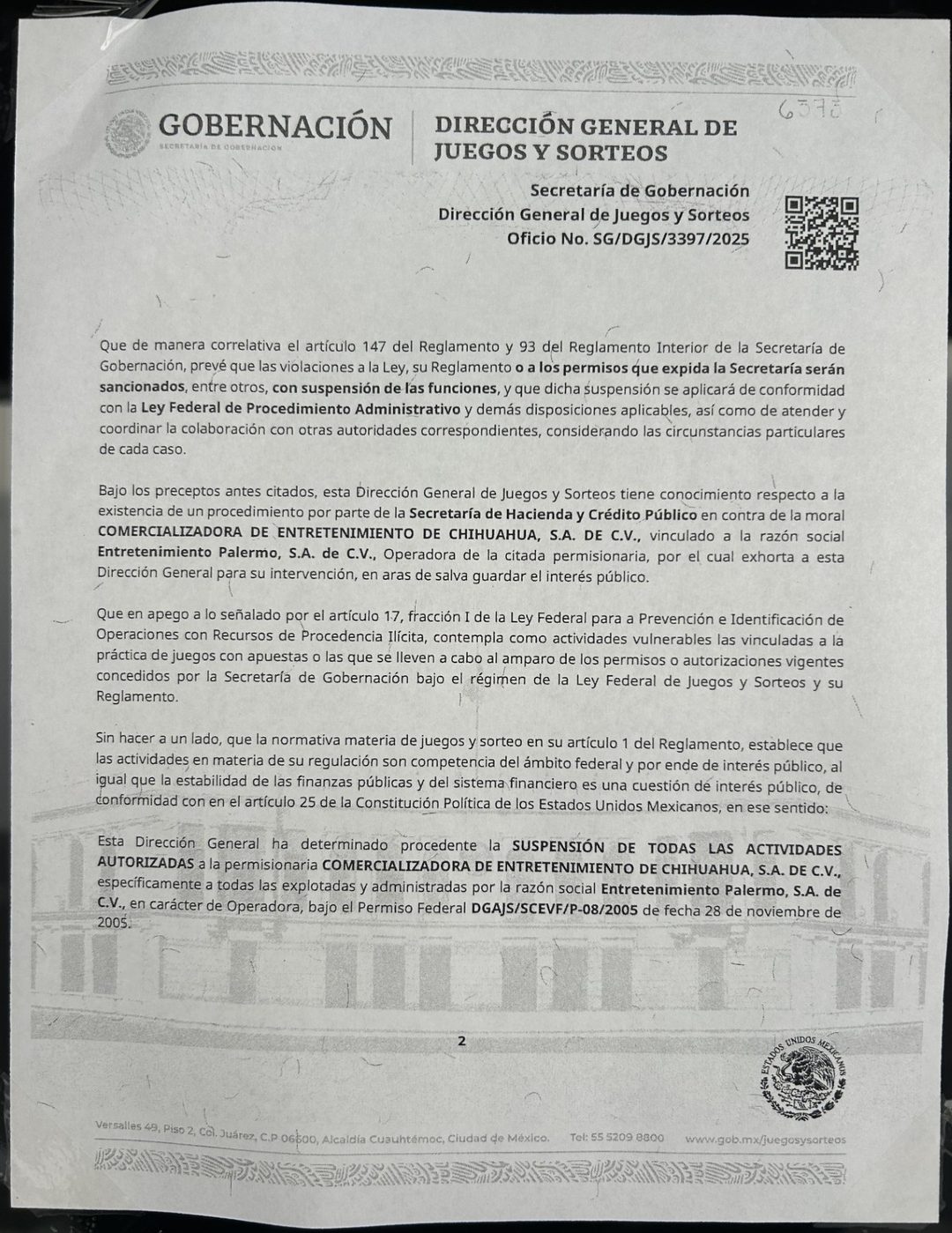 Suspensión de actividades en Casino Skampa de Ensenada