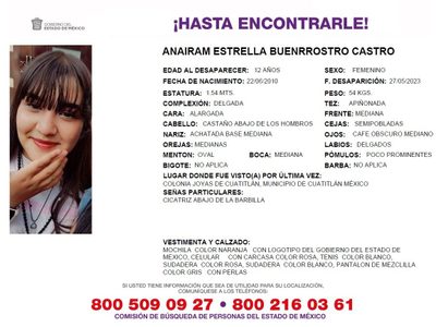 Anairam Estrella de 12 años y su amiga desaparecieron en Cuautitlán