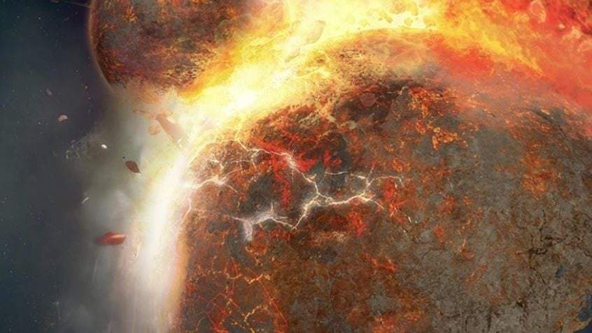 Ilustración de la colisión de Theia con la antigua Tierra