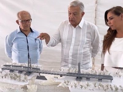 AMLO presume puente atirantado del tramo 5 del Tren Maya sobre la cueva Garra del Jaguar