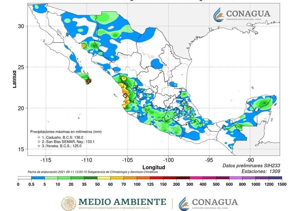 Los máximos acumulados de lluvia en 24 horas se registraron en municipios de Baja California Sur y Nayarit
