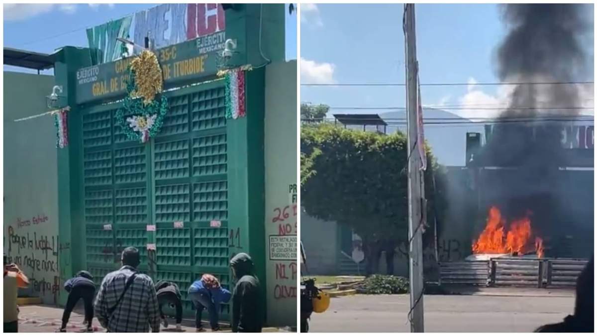 Normalistas protestan en el 27 batallón de infantería de Iguala, como parte de la jornada de lucha por la desaparición de los 43 normalistas de Ayotzinapa