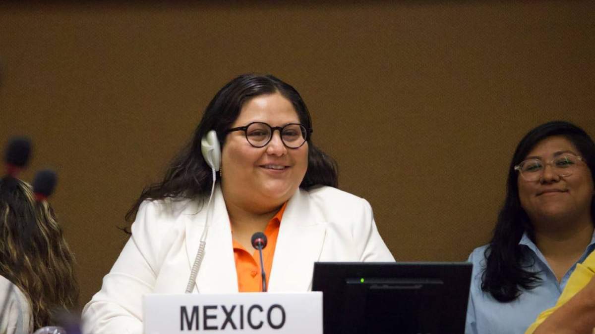 La titular de la Secretaría de las Mujeres, Citlalli Hernández, durante el sustento del décimo informe de México ante el Comité para la Eliminación de la Discriminación contra la Mujer (CEDAW) de la ONU, en Ginebra, Suiza