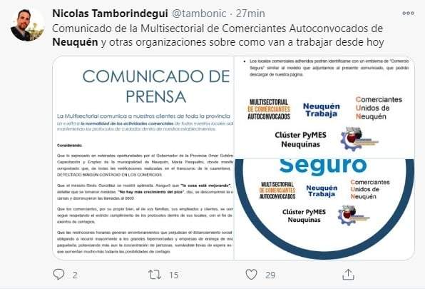 Tuit de comerciantes. Fuente: (Twitter)