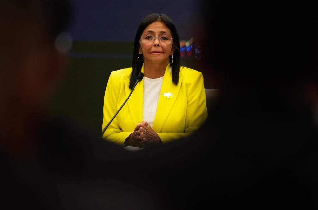 La vicepresidenta y ministra de Petróleo de Venezuela, Delcy Rodríguez, en una conferencia de prensa en el palacio presidencial de Miraflores en Caracas, Venezuela, el 10 de marzo de 2025