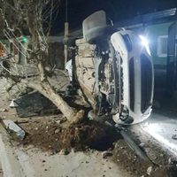 Conductor borracho arrancó un árbol, un poste, un cesto de basura y volcó