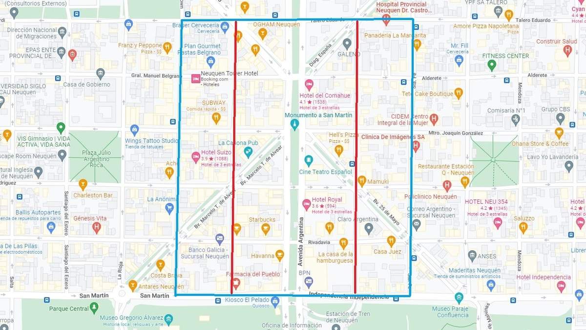 Perímetro de seguridad en el centro capitalino. Fuente: (Google Maps)