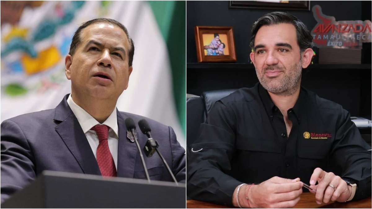 El diputado federal por el PT Ricardo Mejía Berdeja y Américo Villarreal Santiago, delegado del Bienestar e hijo del gobernador de Tamaulipas, Américo Villarreal Anaya