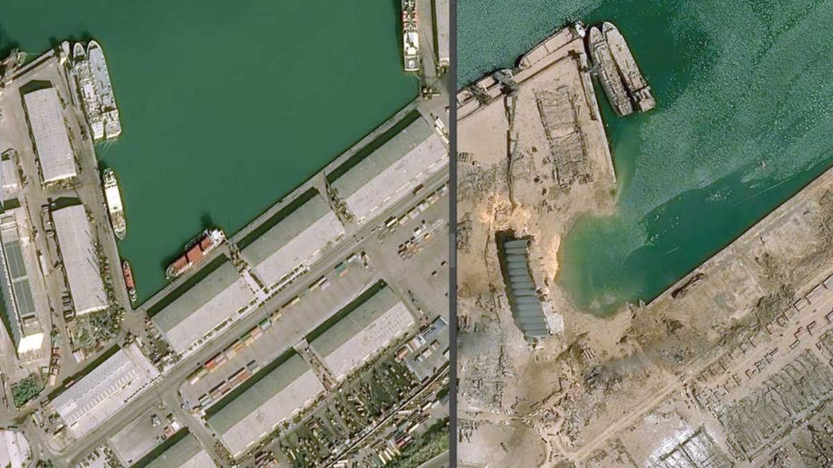 El antes y el después del puerto de Beirut. Fuente: (Twitter)