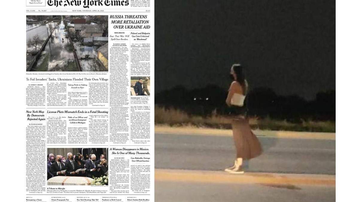 Portada del jueves 28 de abril del NYT